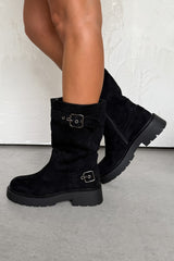 GIO Buckle Biker Boots - Black Suede