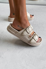 GIO Chunky Embroidered Buckle Sandals - Beige - 1