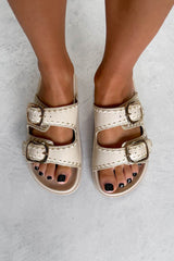 GIO Chunky Embroidered Buckle Sandals - Beige - 2