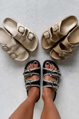 GIO Chunky Embroidered Buckle Sandals - Black - 4