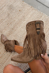 GRACE Western Buckle Tassel Ankle Cowboy Boots - Taupe