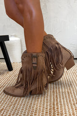 GRACE Western Buckle Tassel Ankle Cowboy Boots - Taupe - 1