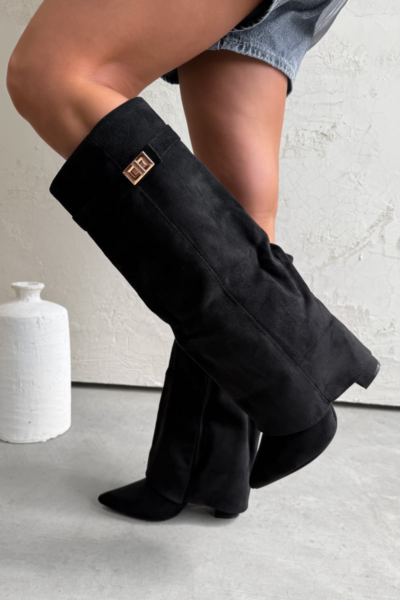 GWEN Flared Knee High Boots - Black Suede - 1