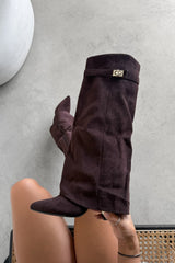 GWEN Flared Knee High Boots - Brown Suede - 4