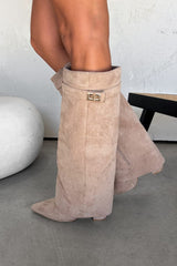 GWEN Flared Knee High Boots - Beige Suede - 2