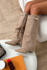 GWEN Flared Knee High Boots - Beige Suede
