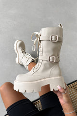 HAISLEY Chunky Lace Up Midi Boots - Beige PU - 1