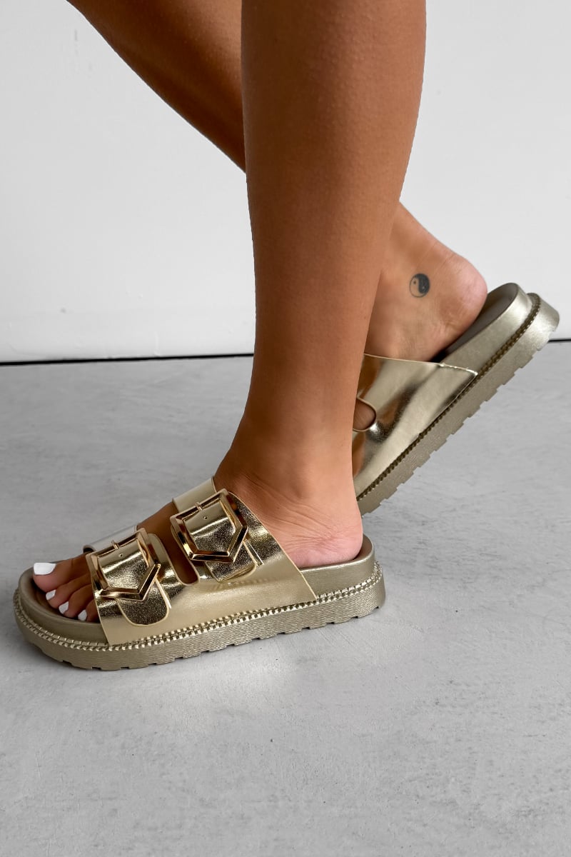 HANNAH Chunky Studded Buckle Sandals - Gold - 2