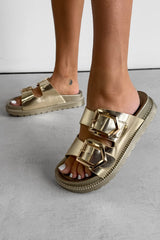 HANNAH Chunky Studded Buckle Sandals - Gold - 3