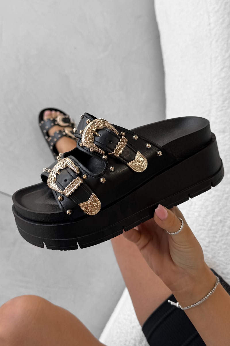 HAZEL Chunky Studded Buckle Sandals - Black Platform – AJ VOYAGE