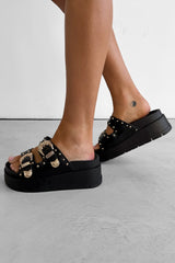 HAZEL Chunky Studded Buckle Sandals - Black Platform - 4