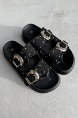 HAZEL Chunky Studded Buckle Sandals - Black - 2