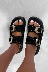 HAZEL Chunky Studded Buckle Sandals - Black - 3