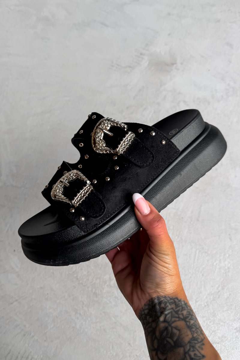 HAZEL Chunky Studded Buckle Sandals - Black - 1