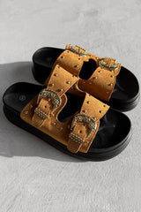 HAZEL Chunky Studded Buckle Sandals - Camel - 2