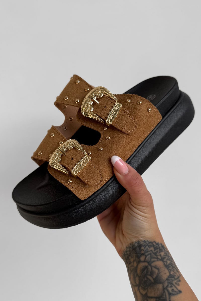 HAZEL Chunky Studded Buckle Sandals - Camel - 1