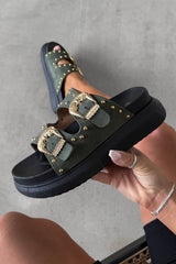 HAZEL Chunky Studded Buckle Sandals - Khaki