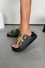 HAZEL Chunky Studded Buckle Sandals - Khaki - 2