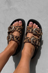 HAZEL Chunky Studded Buckle Sandals - Leopard Platform