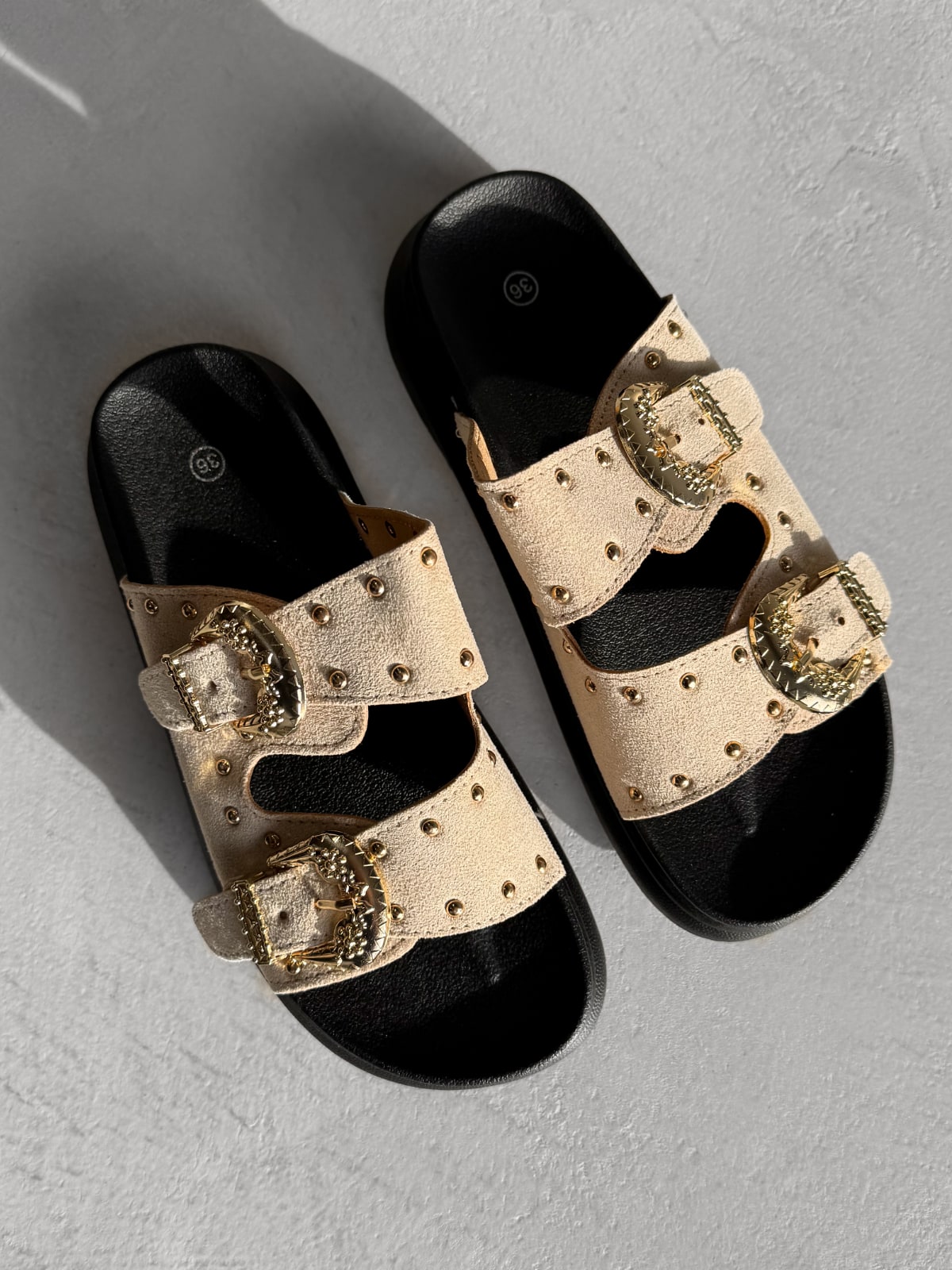 HAZEL Chunky Studded Buckle Sandals - Beige