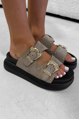 HAZEL Chunky Studded Buckle Sandals - Camel - 3