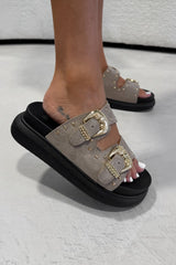 HAZEL Chunky Studded Buckle Sandals - Taupe