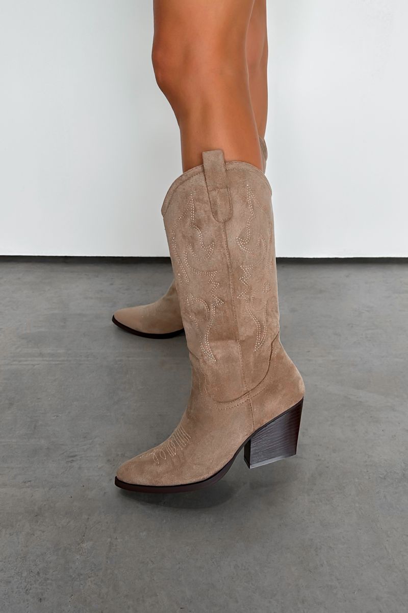 HOUSTON Mid Calf Cowboy Western Boots - Beige - 2