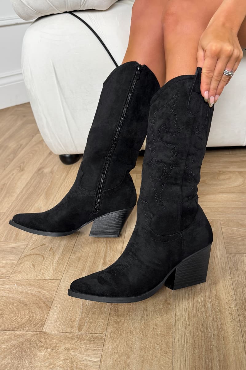 HOUSTON Mid Calf Cowboy Western Boots - Black - 2