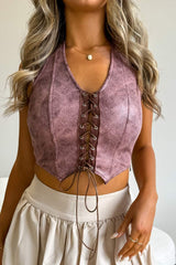 Halterneck Lace-Up Front Top - Rose - 1