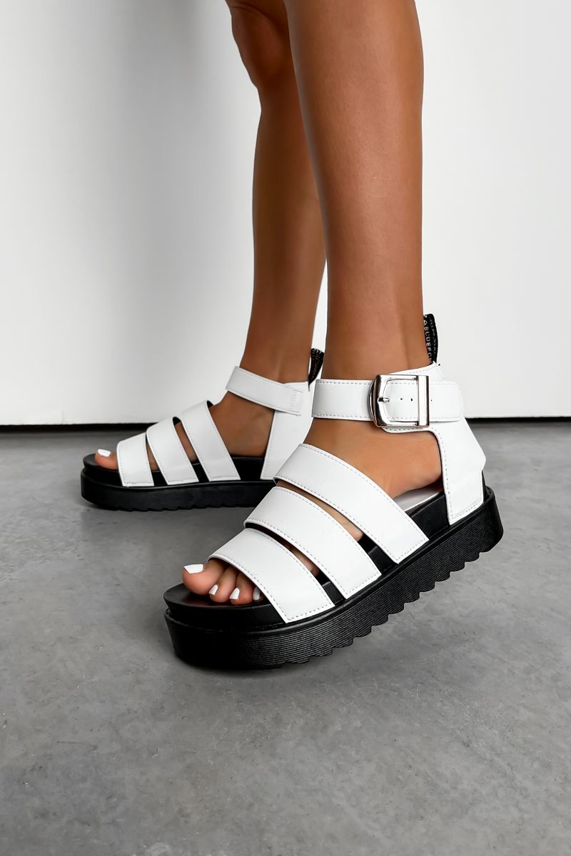 Leather Black And White Chunky Sandals White Chunky Double Buckle