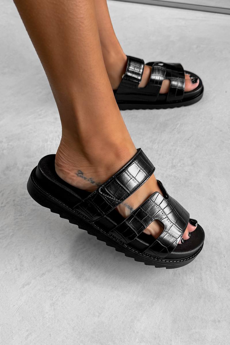 INDIE Gladiator Strap Slider Sandals - Black Croc - 2