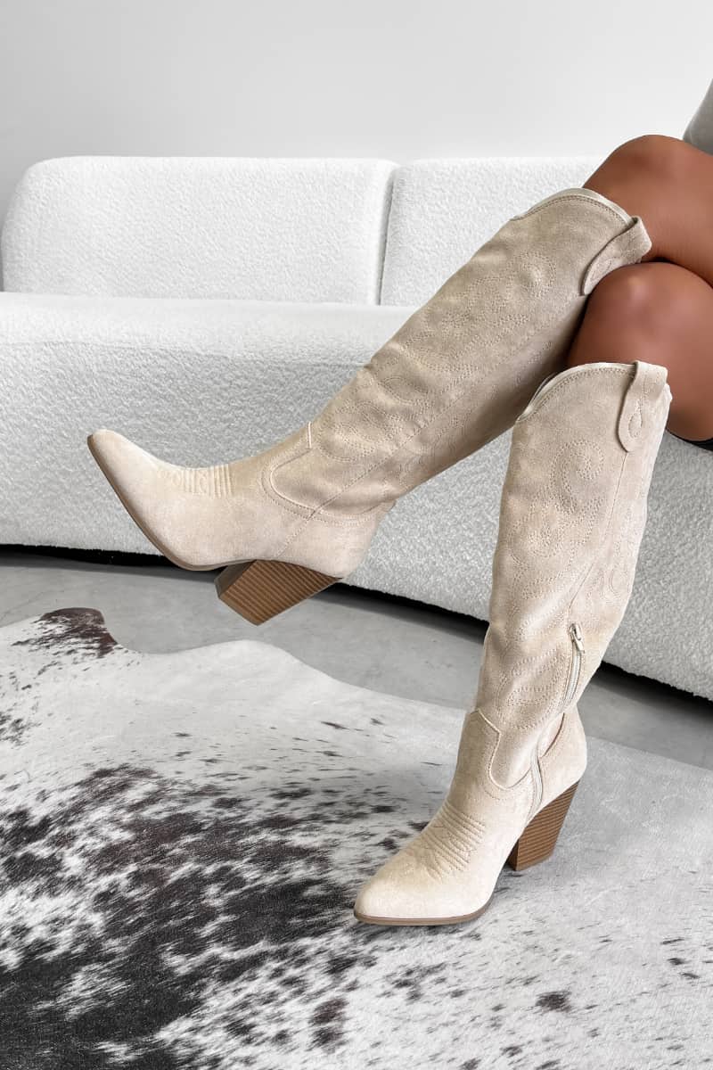 IOWA Western Cowboy Boots Beige Suede