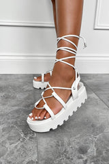 ISOBEL Chunky Platform Tie Up Gladiator Sandals - White - 1