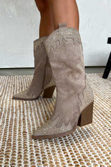 JACKSON Diamanté Detail Cowboy Western Boots - Beige