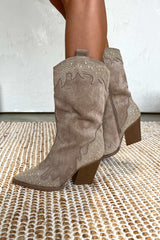 JACKSON Diamanté Detail Cowboy Western Boots - Beige - 2