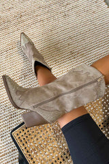 JACKSON Diamanté Detail Cowboy Western Boots - Beige - 5