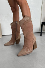 JACKSON Diamanté Detail Cowboy Western Boots - Camel - 1