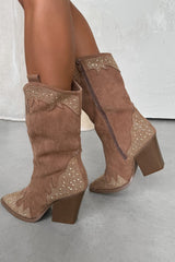 JACKSON Diamanté Detail Cowboy Western Boots - Camel - 2