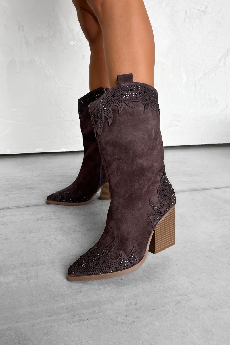 JACKSON Diamante Detail Cowboy Western Boots Chocolate Brown AJ VOYAGE