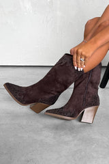 JACKSON Diamanté Detail Cowboy Western Boots - Chocolate Brown - 1