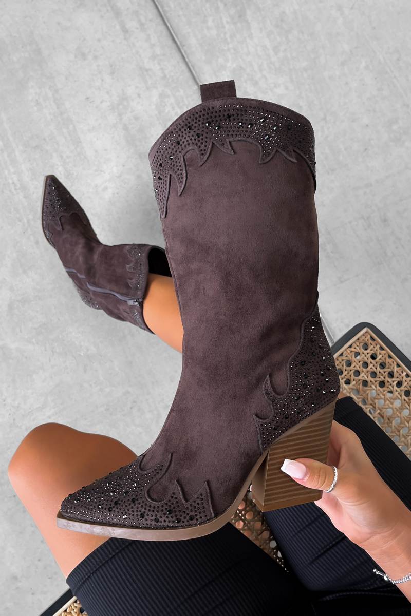 JACKSON Diamanté Detail Cowboy Western Boots - Chocolate Brown - 3