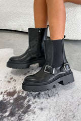 JANEY Chunky Buckle Biker Boots - Black - 1
