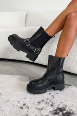 JANEY Chunky Buckle Biker Boots - Black - 2