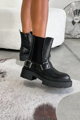 JANEY Chunky Buckle Biker Boots - Black - 3