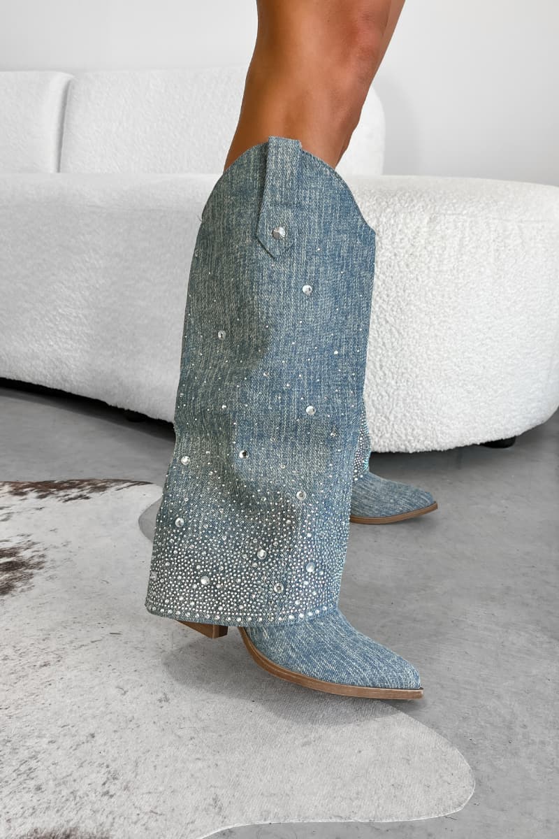 JENNA Flared Diamanté Cowboy Western Boots - Denim - 1