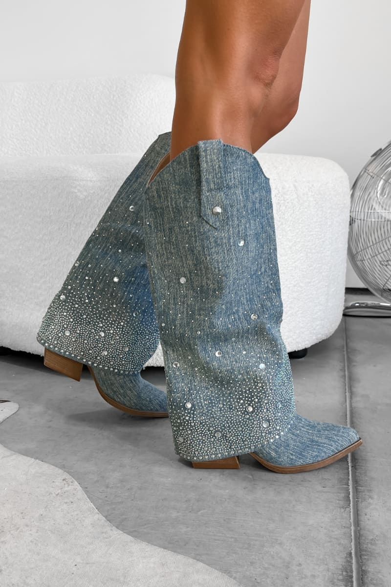 JENNA Flared Diamanté Cowboy Western Boots - Denim - 2