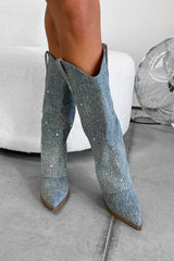 JENNA Flared Diamanté Cowboy Western Boots - Denim - 3