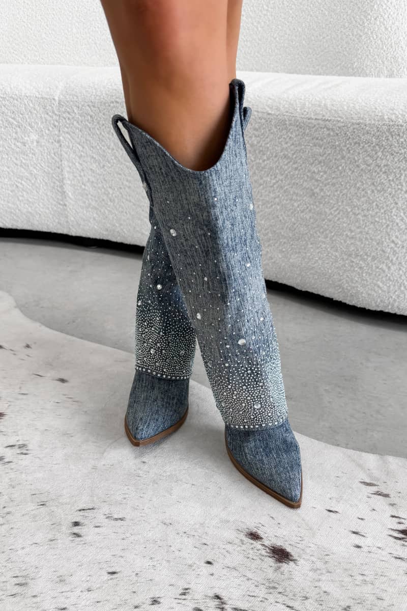 JENNA Flared Diamanté Cowboy Western Boots - Mid Denim - 1