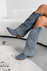 JENNA Flared Diamanté Cowboy Western Boots - Mid Denim