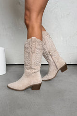 KANSAS Knee High Western Cowboy Boots - Beige - 4